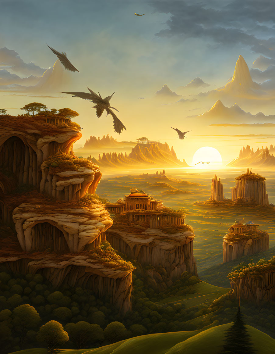 Majestic sunset landscape with cliffs, temples, and soaring birds