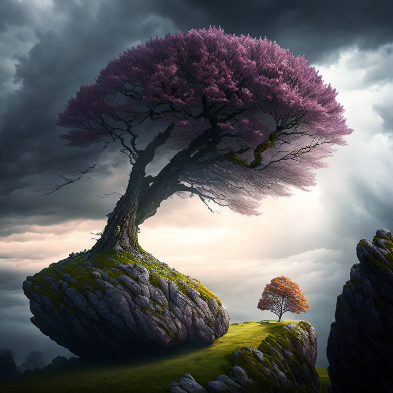 Majestic purple foliage tree on rocky outcrop under dramatic sky