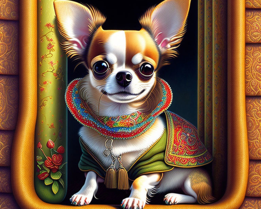 Colorful Chihuahua Dog in Elaborate Attire on Decorative Backdrop