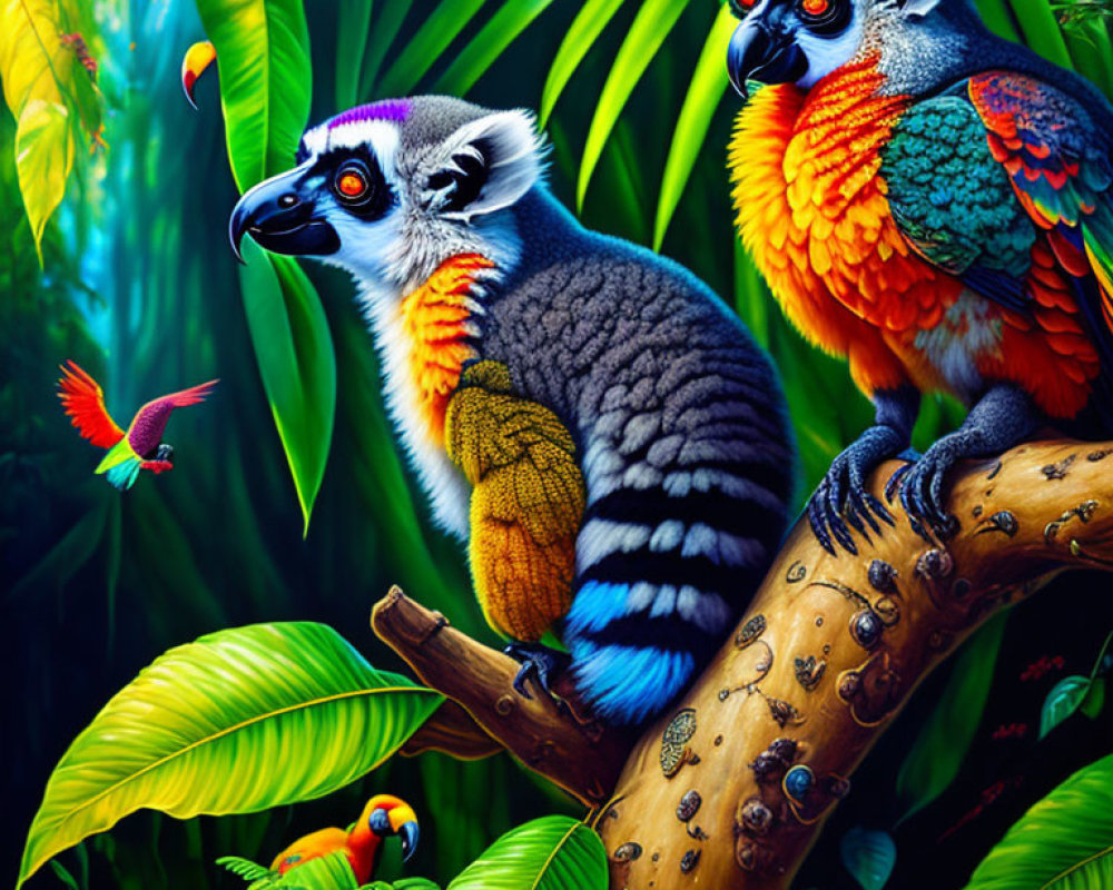 Colorful Ring-Tailed Lemur and Parrot in Jungle Setting