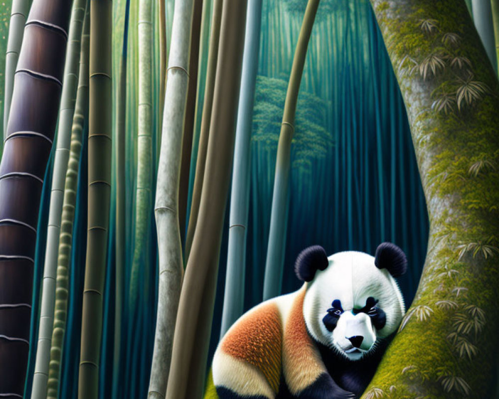 Panda resting on branch in lush bamboo forest with sunbeams.