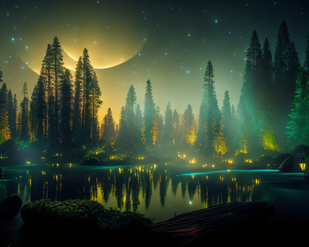 Tranquil Nocturnal Landscape with Crescent Moon and Forest Silhouette