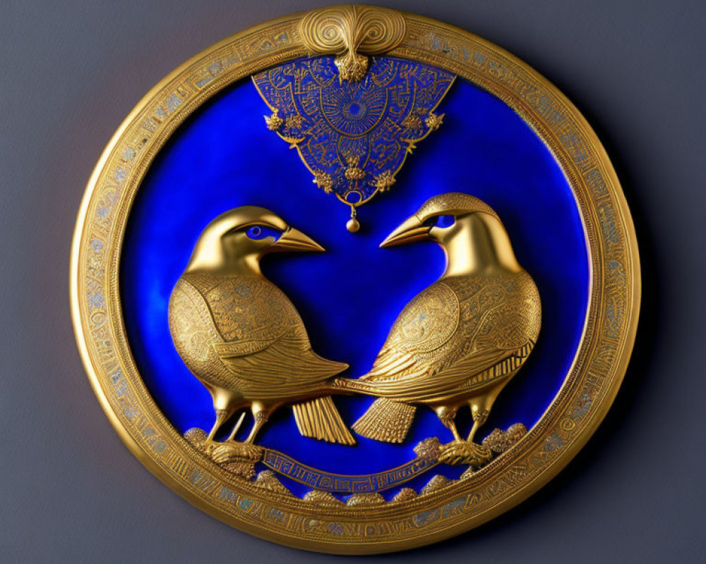 Blue Enamel Circular Plate with Golden Birds and Ornate Motifs