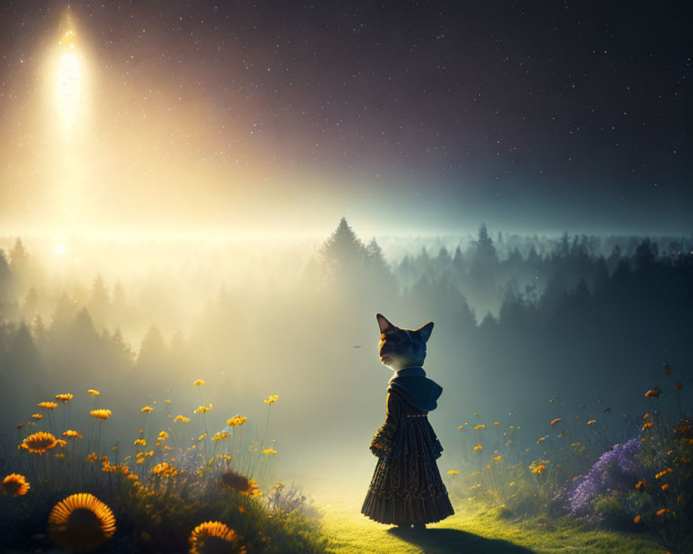 Cat in cloak gazes at glowing object over misty forest