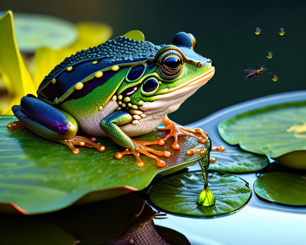 Colorful Frog on Lily Pad with Droplets and Insects in Green Setting