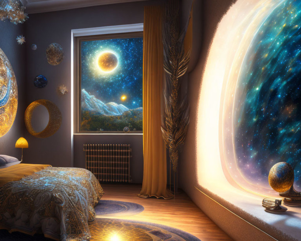 Surreal bedroom with normal window view and galaxy portal décor