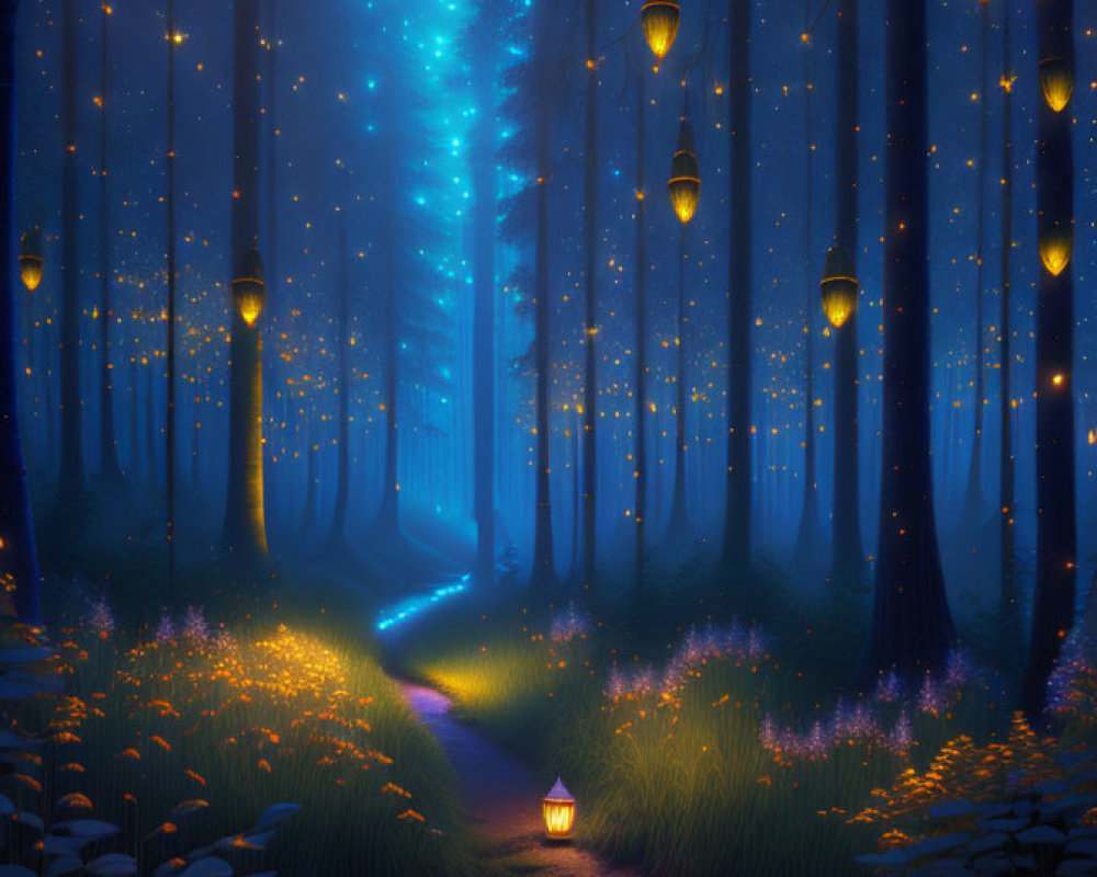 Nighttime forest scene with winding path, lanterns, and fireflies