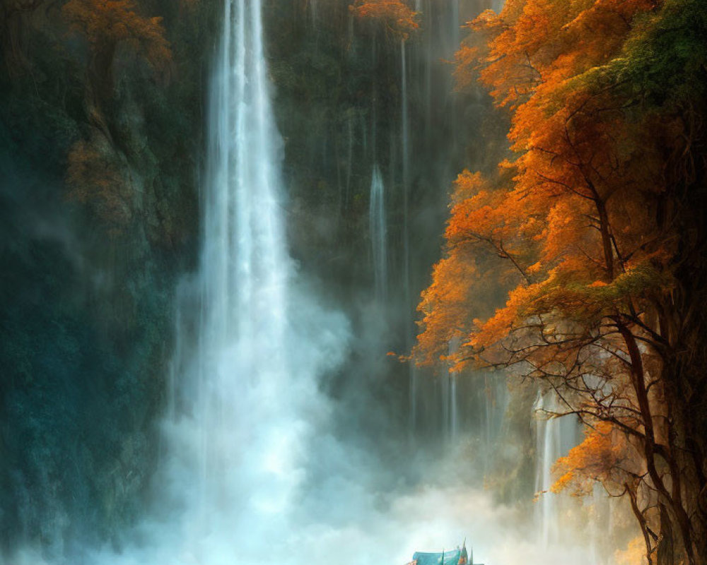 Tranquil forest waterfall with autumn trees and gazebo