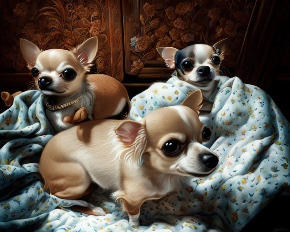 Three Chihuahuas snuggled in blue blanket with star patterns on wooden backdrop