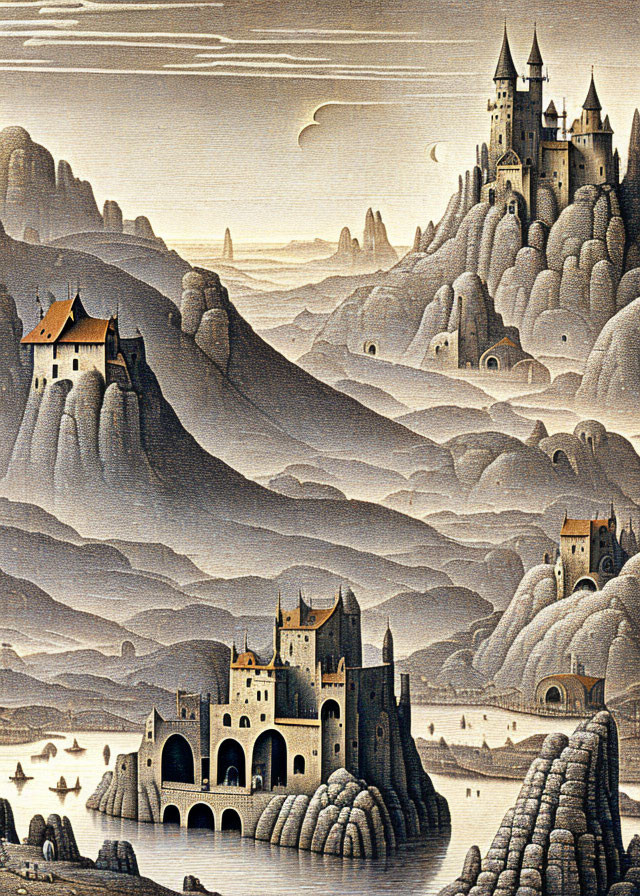 Monochromatic art of stylized castles in fantastical landscape