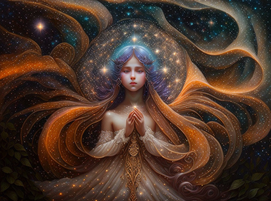 Mystical artwork: Woman with galaxy hair in prayer among cosmic swirls.