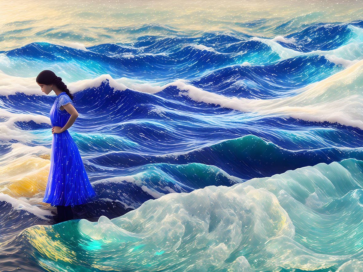 Woman in Blue Dress Surrounded by Surreal Waves