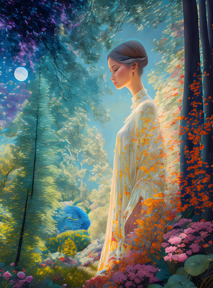 Illustration: Woman in golden robe in colorful forest with peacock.