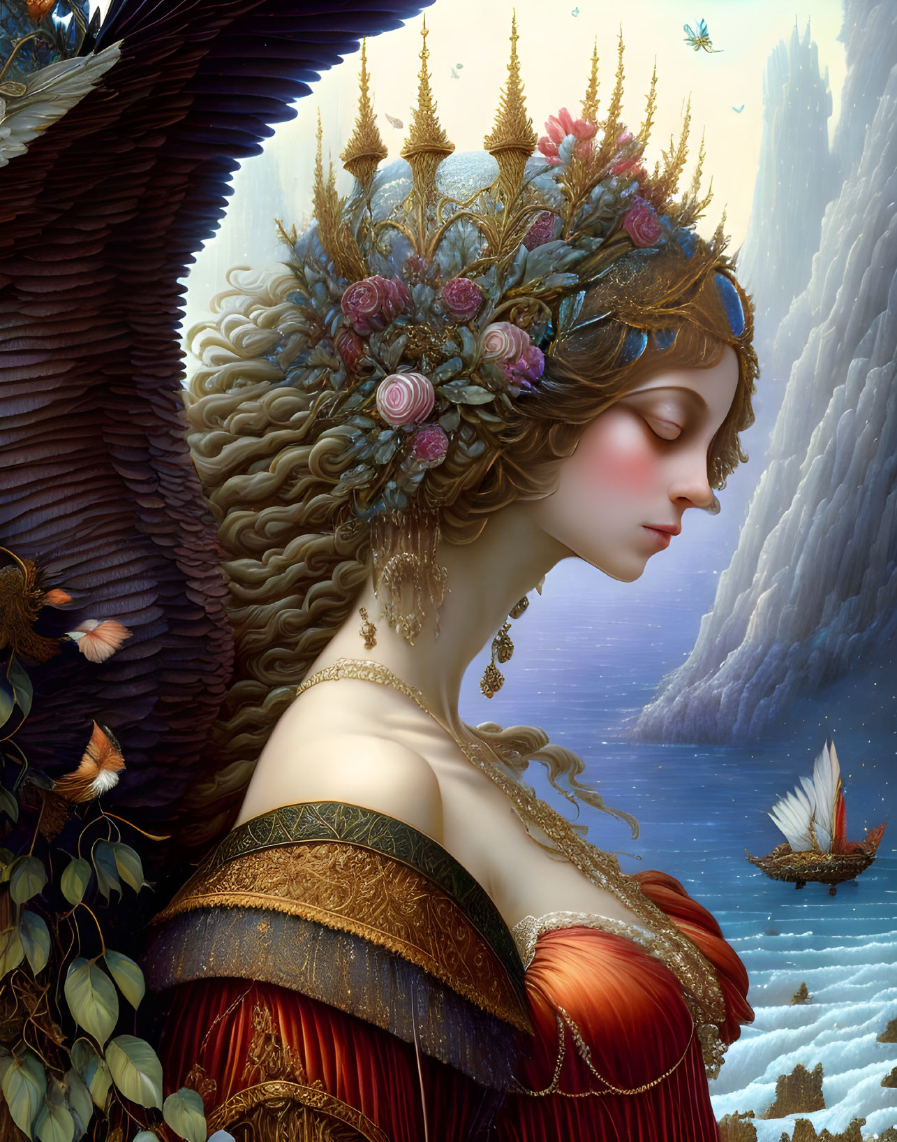 Fantasy illustration of woman with angelic wings and floral crown by serene seascape