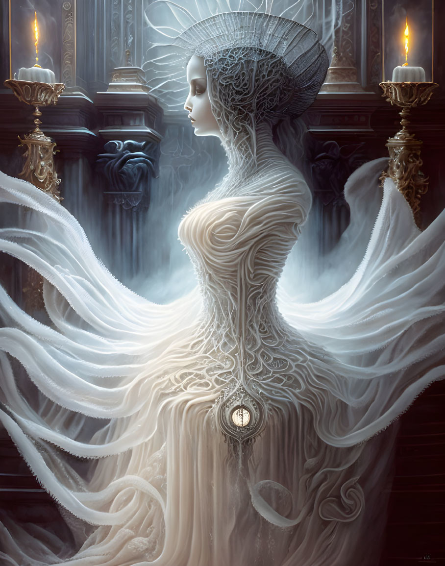 Ethereal woman in white gown with headdress and pendant in mystical setting