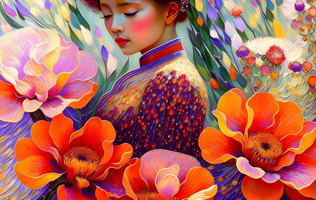 Colorful Flower Surrounding Woman with Intricate Patterns