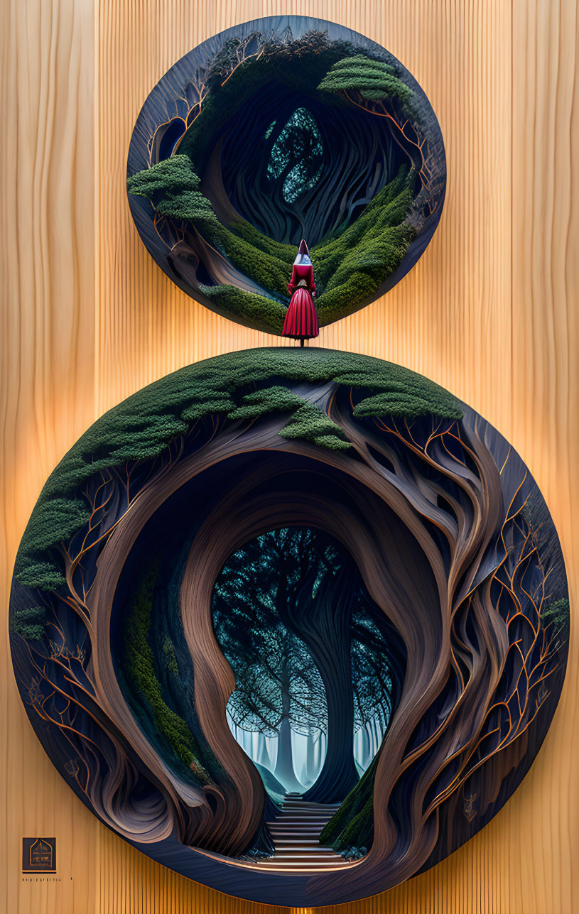 Surreal artwork: Twisted tree tunnels with woman in red, bright exit