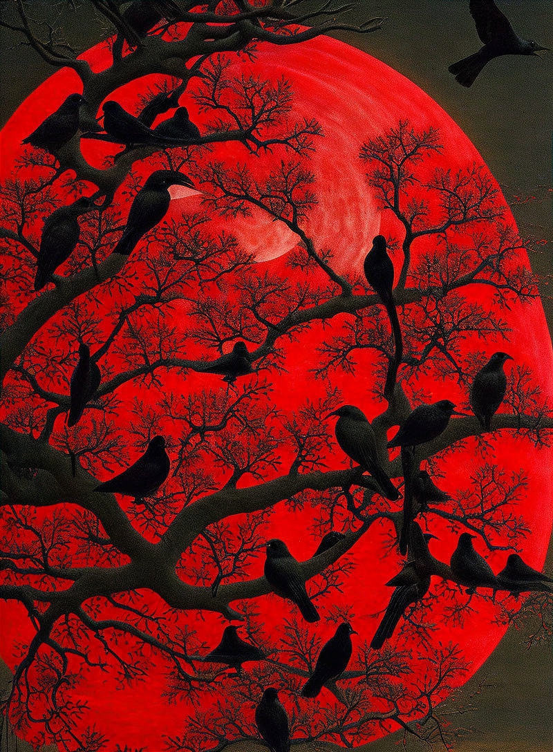 Silhouette of tree with perched birds under large red full moon