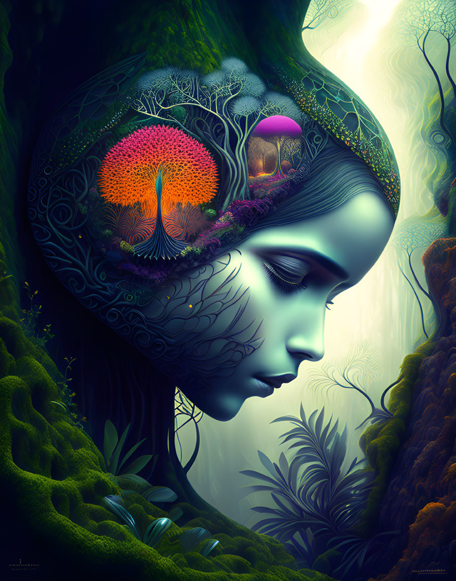 Surreal woman's profile with vibrant forest mindscape and peacock