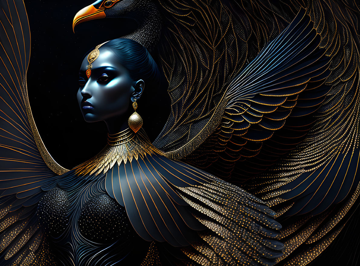 Blue-skinned woman merging with eagle in golden jewelry on black background