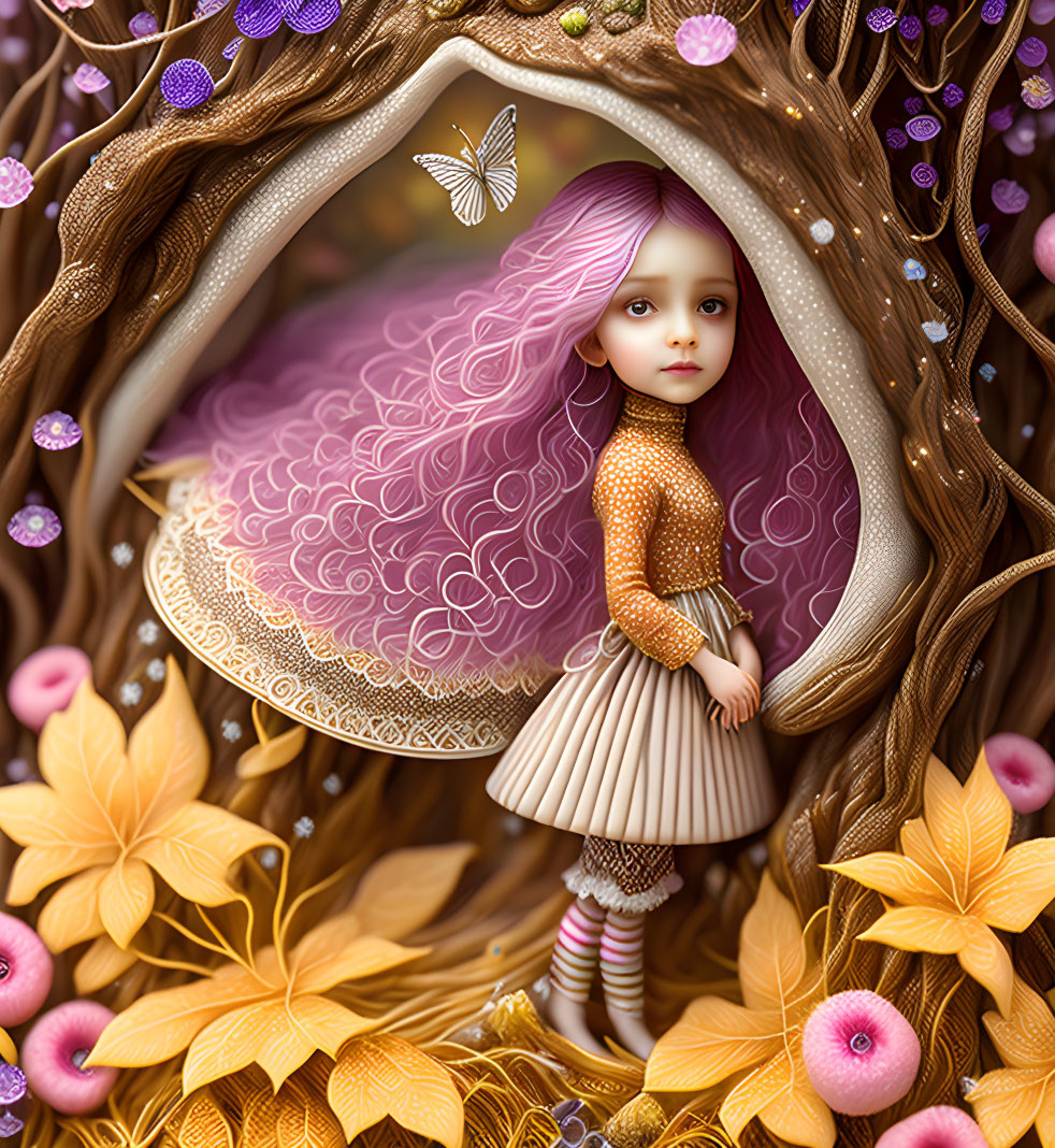 Colorful Illustration: Girl with Purple Hair in Fantasy Tree Setting