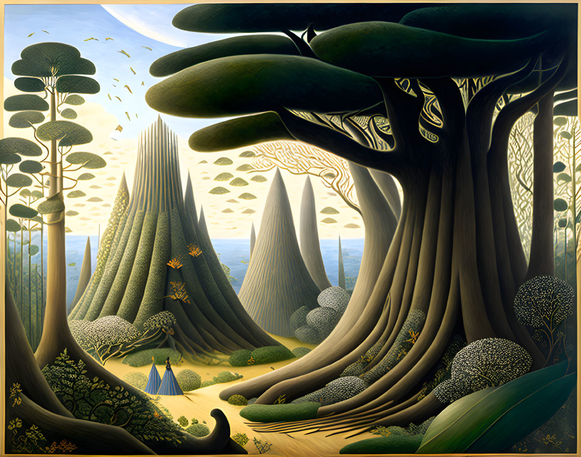 Surreal green landscape with oversized trees, conical hills, butterflies, and blue figure