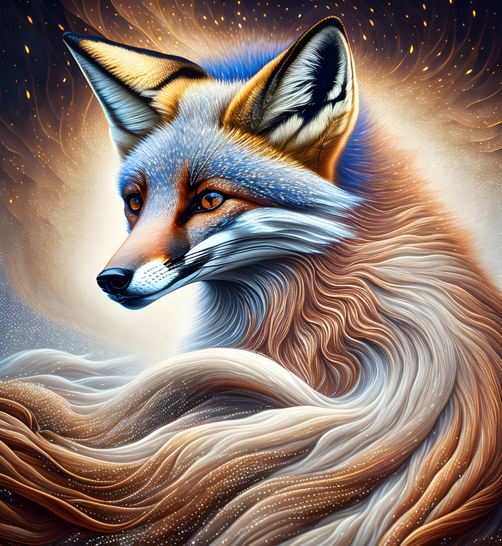 Stylized fox illustration with vibrant orange fur and mystical background