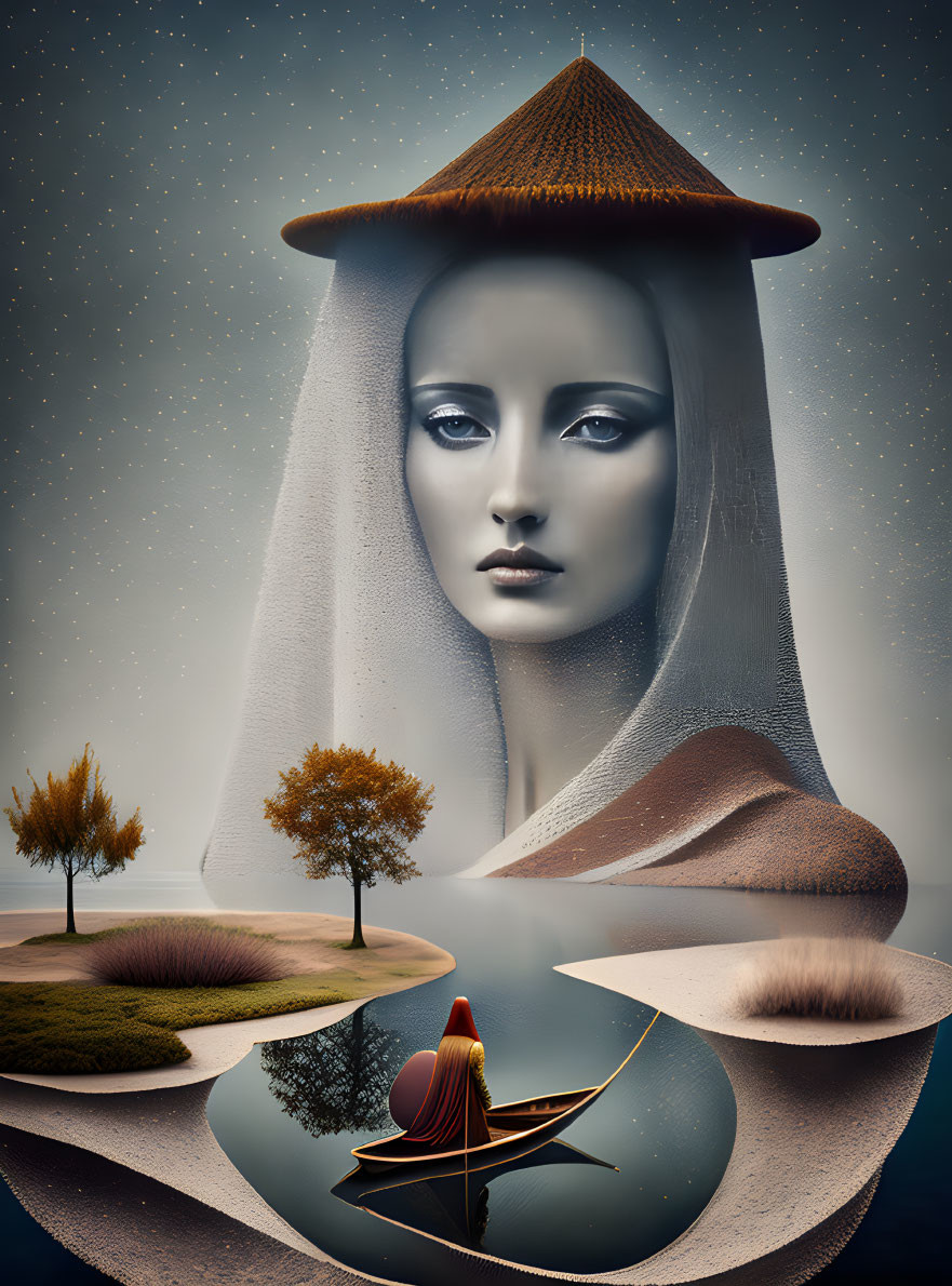 Surreal artwork: woman's face with conical hat blending into landscape