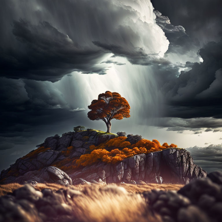 Vibrant orange tree on rocky hill under dramatic storm clouds