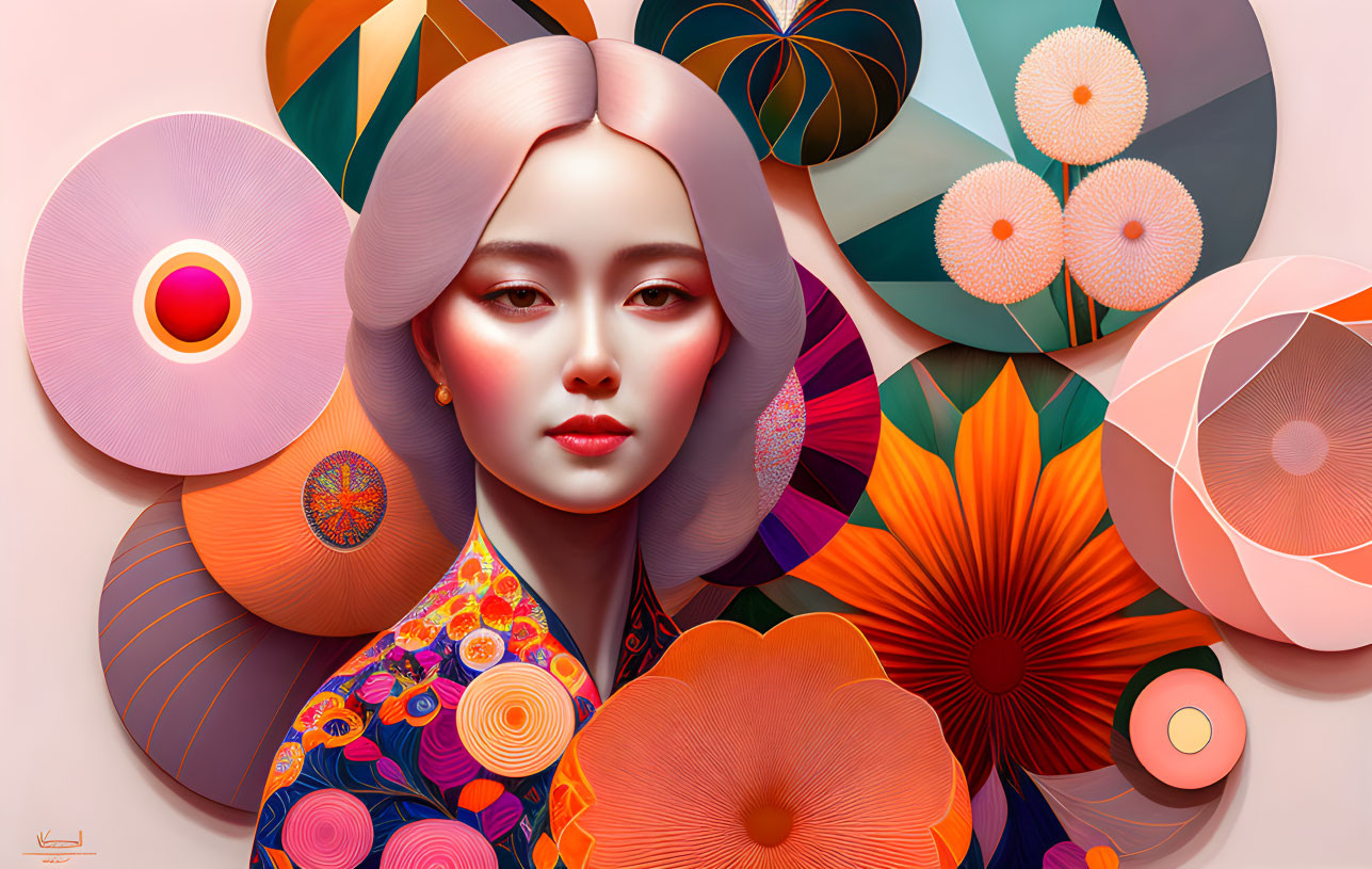 Colorful digital artwork of a woman surrounded by floral discs