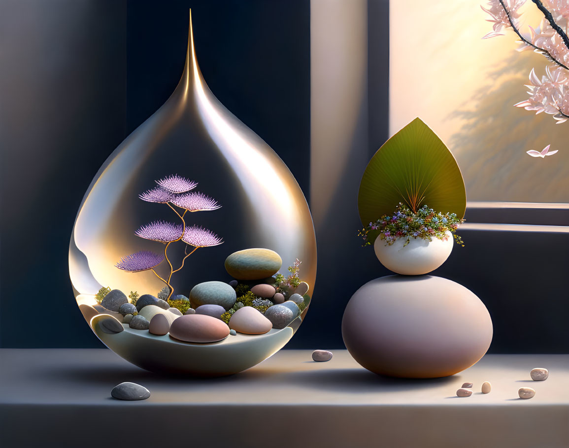 Surreal glass terrarium with pink trees and round vase with plant