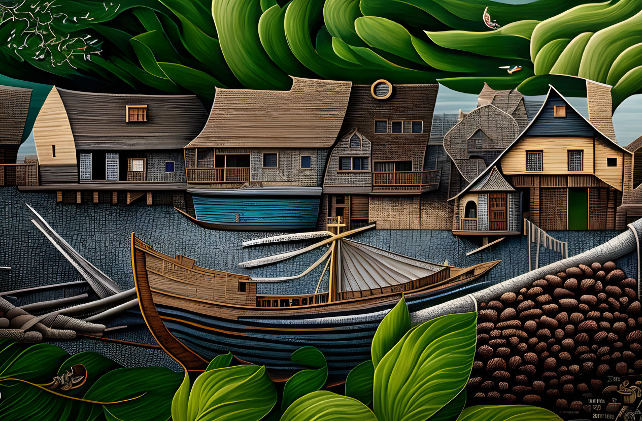 Abstract coastal village scene with curved shapes and limited colors