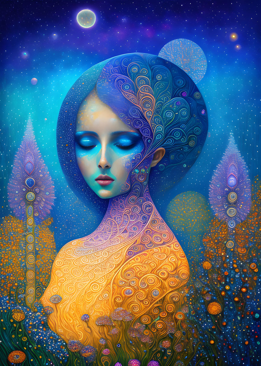 Surreal portrait: woman with blue skin, peacock feather motifs, starry night background.