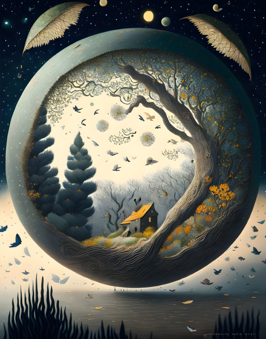 Circular Night Landscape with Tree, House, and Starry Sky