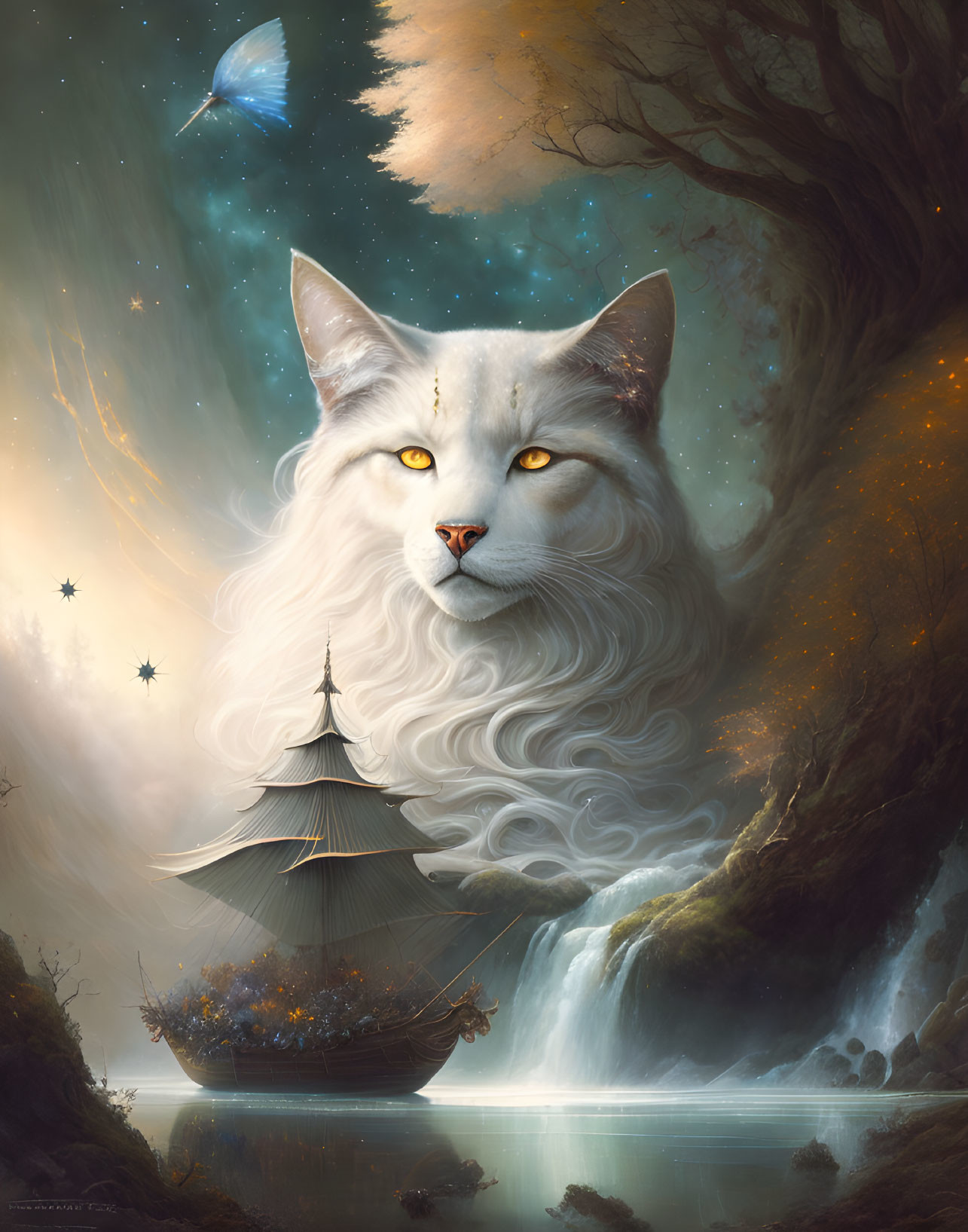 White cat with piercing eyes in mystical landscape with ship, waterfall, butterflies, and starry sky.