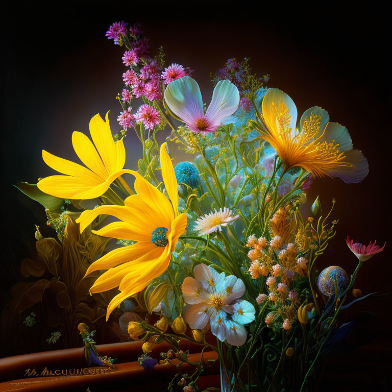 Colorful Bouquet of Yellow, White, and Pink Flowers on Dark Background