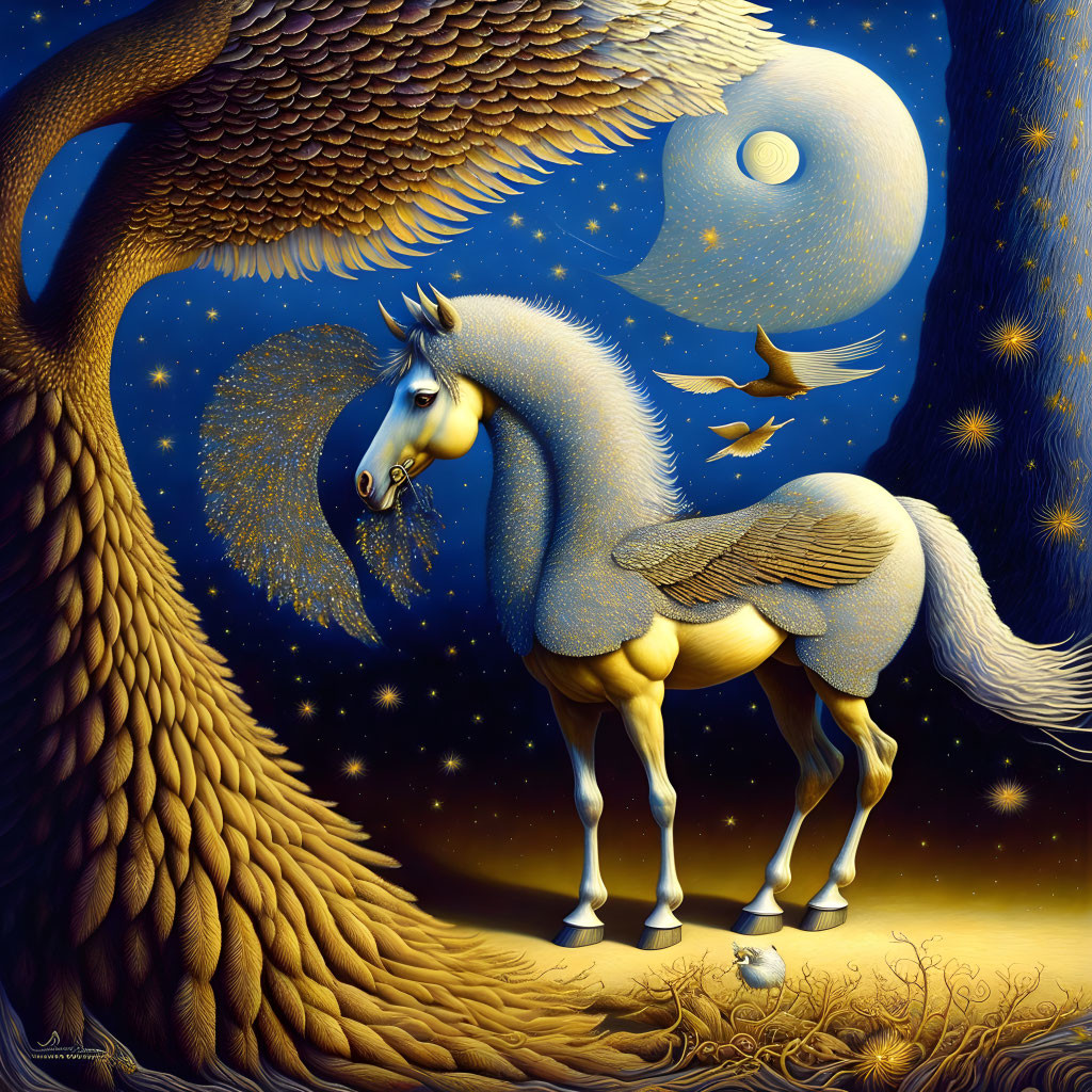 Fantasy winged horse artwork under starry night sky