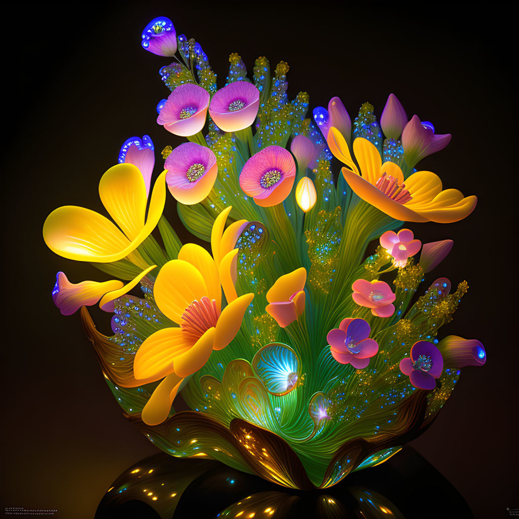 Neon-colored flower bouquet in intricate digital artwork