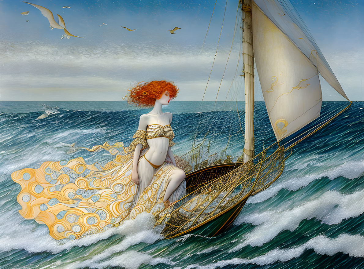 Red-haired woman on sailboat in choppy sea with seagulls