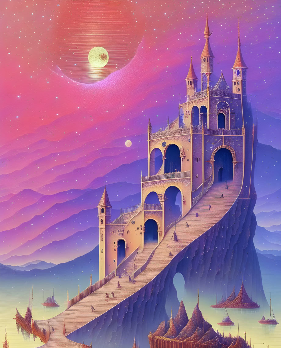 Fantastical castle on steep mountain under starry night sky