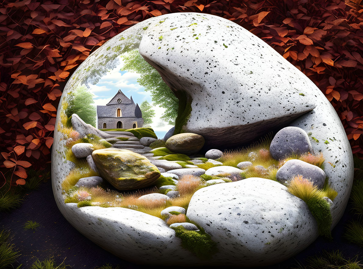 Surreal landscape in giant egg with stone pathway and small church