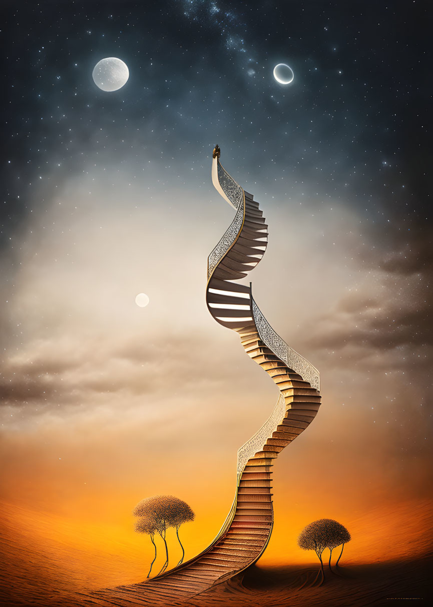 Surreal desert scene with winding staircase and celestial bodies