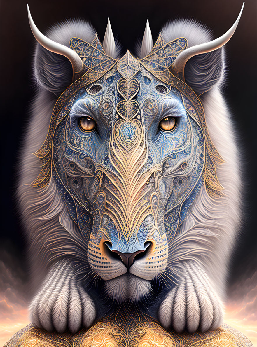 Ornate lion art with intricate patterns on warm background