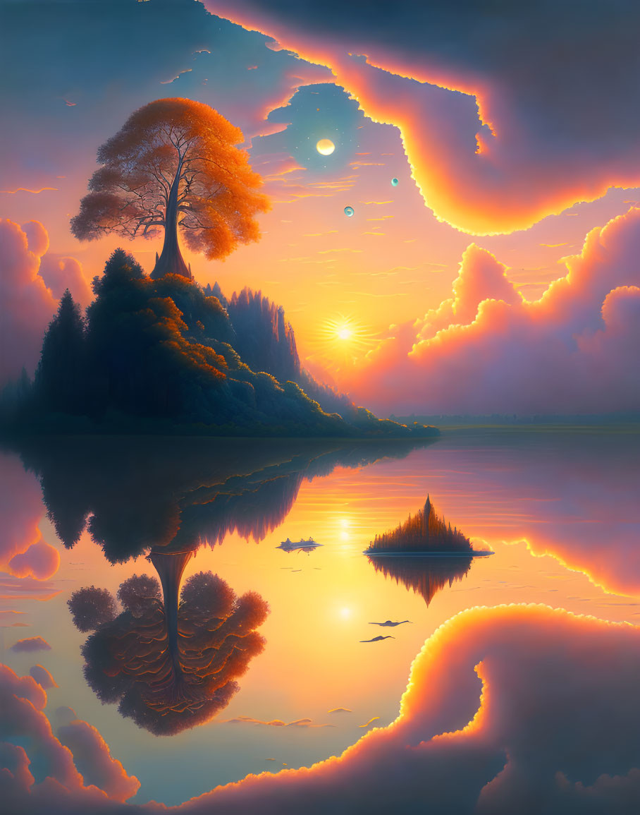 Tranquil lake with vibrant sunset sky and colorful tree