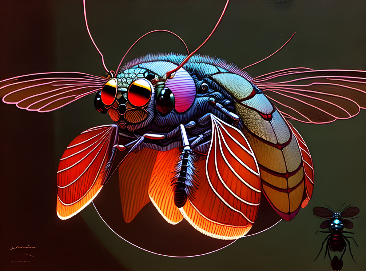 Colorful Stylized Fly Illustration with Large Red Eyes on Dark Background