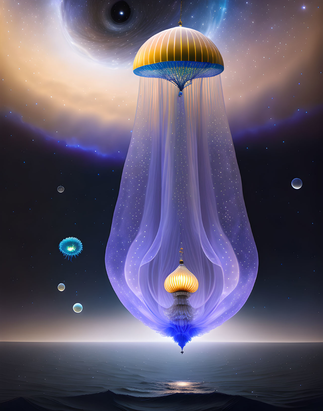 Surreal illustration: giant jellyfish structure over ocean, small jellyfish, planets, starry