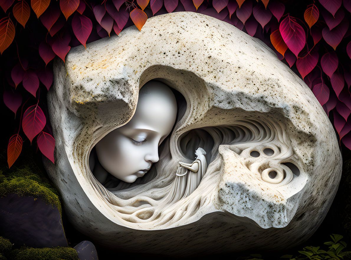 Surreal artwork of female face in rock formation with colorful foliage