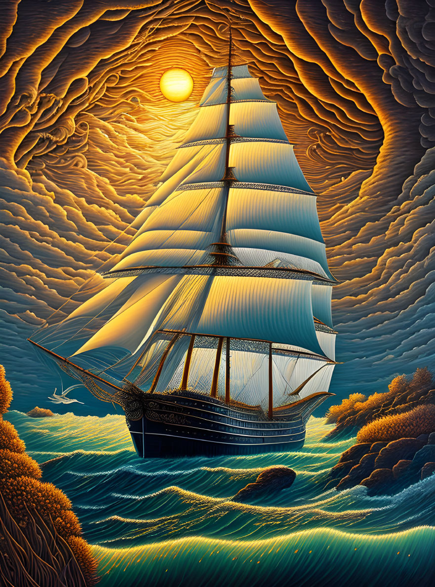 Majestic sailing ship on golden waters under swirling sky