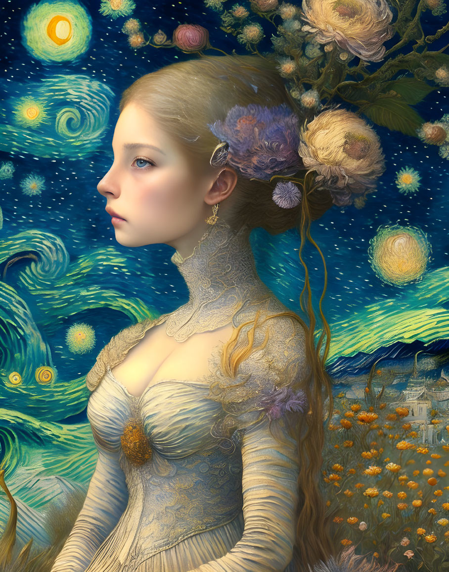 Ethereal woman superimposed on Van Gogh-inspired starry background