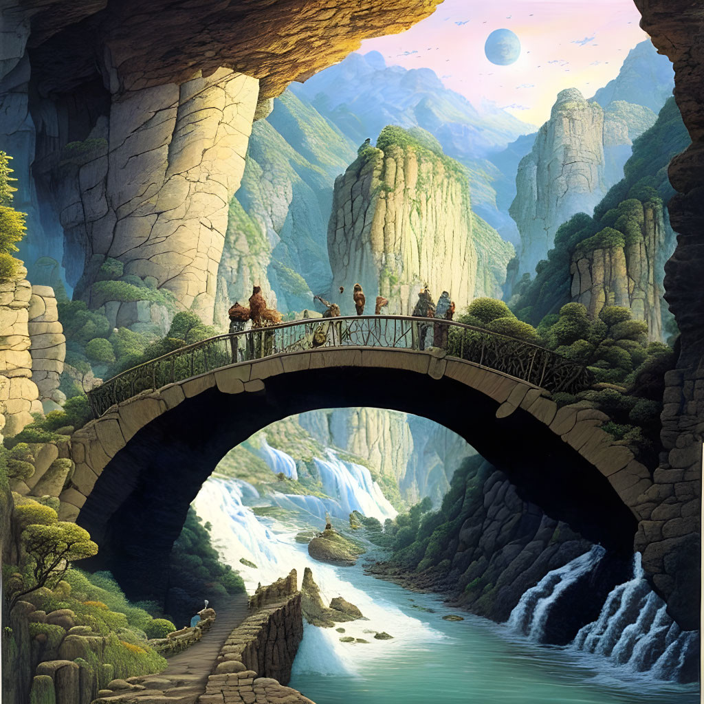 Fantastical landscape with travelers on stone bridge over waterfall